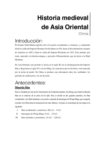 Miniatura del documento Historia medieval CHINA - 1.- Introducción y Antecedentes (La Dinastía Han).pdf