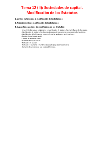 Miniatura del documento Tema 12 (II) - Sociedades de capital. Modificación de los Estatutos.pdf