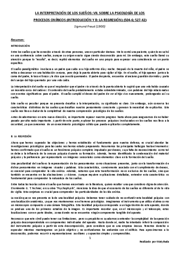 Miniatura del documento Resumen-La-Interpretacion-de-los-Suenos.-VII.-Sobre-la-Psicologia-de-los-Procesos-Oniricos-Introduccion-y-B.-La-Regresion-de-Freud.pdf