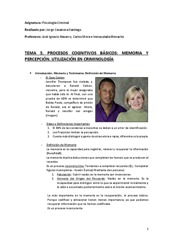 Miniatura del documento Tema 5 (Procesos Cognitivos Básicos Memoria y Percepción. Utilización en Criminología) - Psicología Criminal.pdf