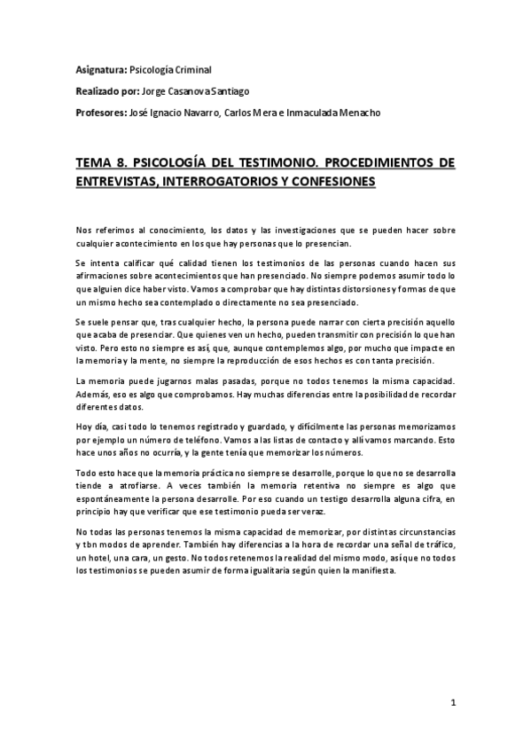 Miniatura del documento Tema 8 (Psicología del Testimonio. Procedimientos de Entrevistas- Interrogatorios y Confesiones) - Psicología Criminal.pdf