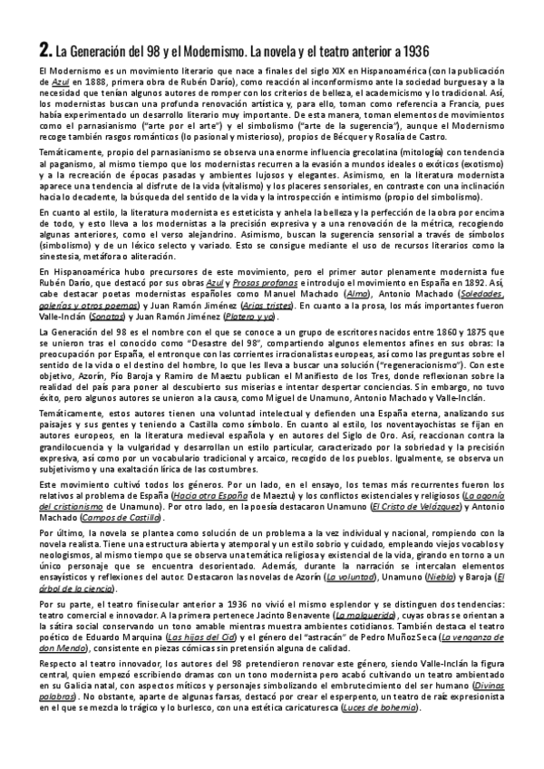 Miniatura del documento Tema 2: La Generación del 98 y el Modernismo. La novela y el teatro anterior a 1936.pdf