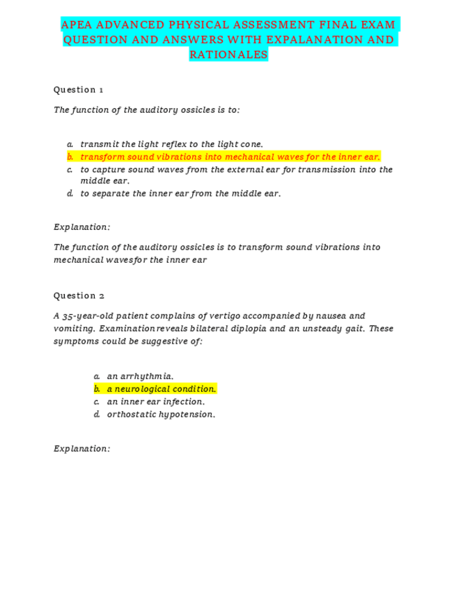 Miniatura del documento APEA-ADVANCED-PHYSICAL-ASSESSMENT-FINAL-EXAM-QUESTION-AND-ANSWERS-WITH-EXPALANATION-AND-RATIONALES.pdf