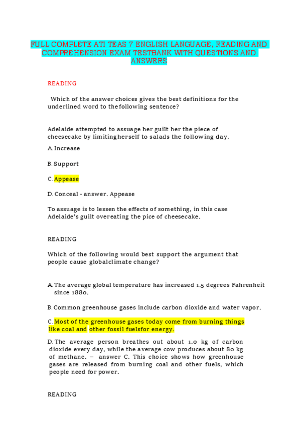 Miniatura del documento FULL-COMPLETE-ATI-TEAS-7-ENGLISH-LANGUAGE-READING-AND-COMPREHENSION-EXAM-TESTBANK-WITH-QUESTIONS-AND-ANSWERS.pdf
