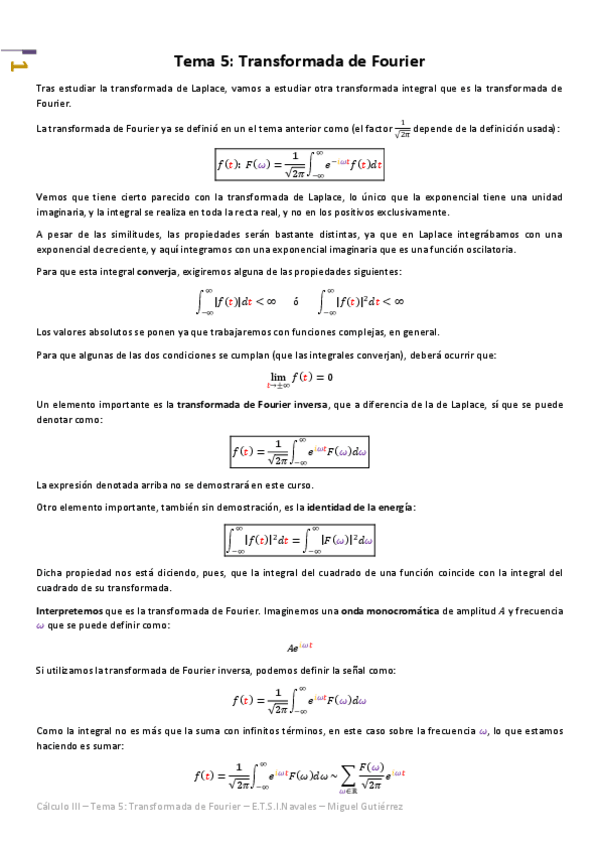 Miniatura del documento Cálculo III - Tema 5 - Transformada de Fourier.pdf