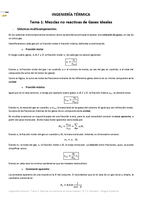 Miniatura del documento Ingeniería Térmica - Tema 1 - Mezclas no reactivas de Gases Ideales.pdf