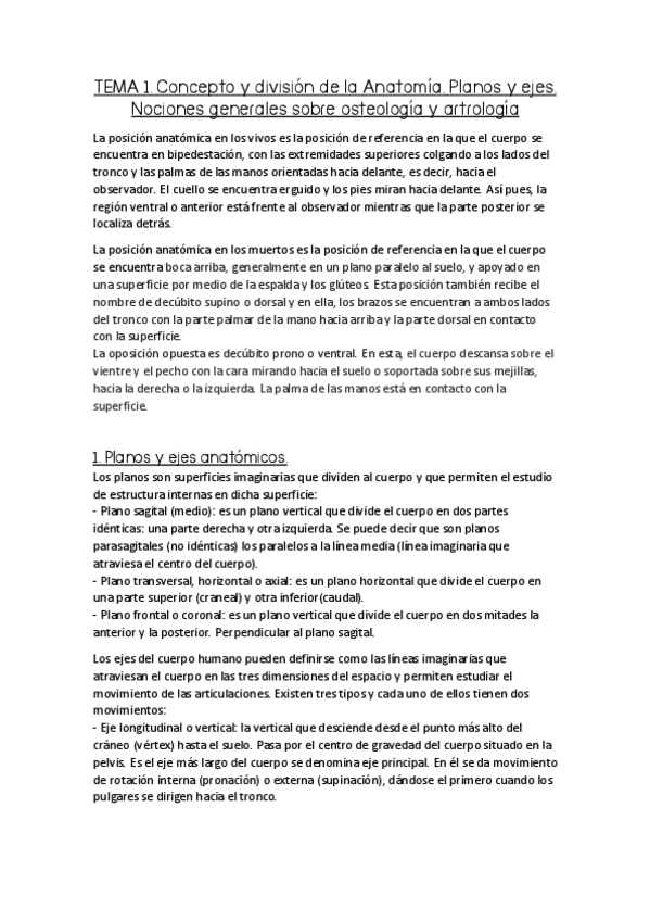 Miniatura del documento TEMA 1. Concepto y división de la Anatomía. Planos y ejes. Nociones generales sobre osteología y artrología.pdf