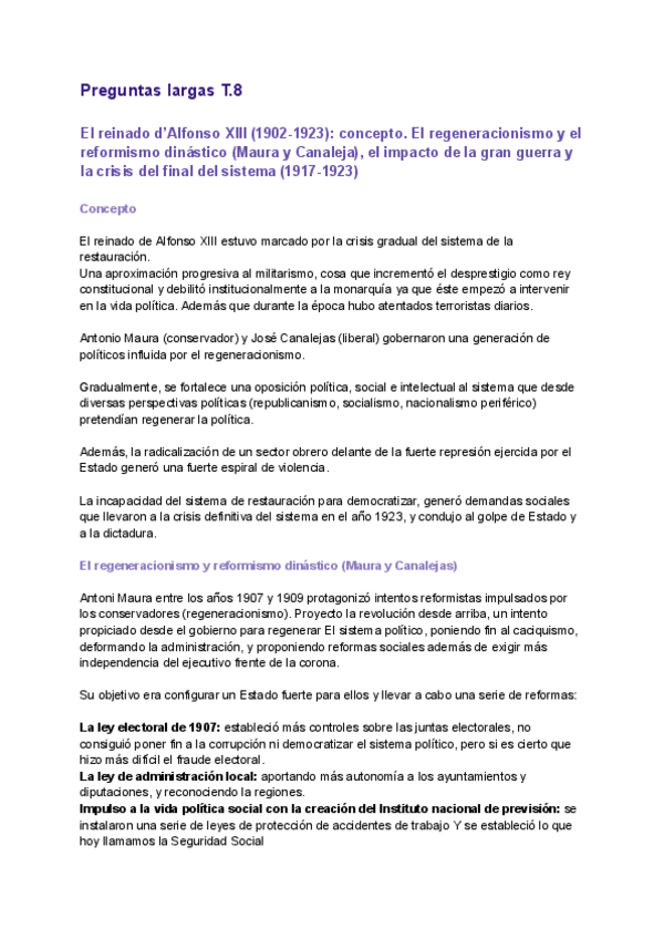 Miniatura del documento Pregunta-largas-t8-El-reinado-Alfonso-XIII-1902-1923-concepto.-El-regeneracionismo-el-reformismo-dinastico-Maura-y-Canalejas-el-impacto-de-la-gran-guerra-y-la-crisis-final-del-sistema-1917-1923.pdf