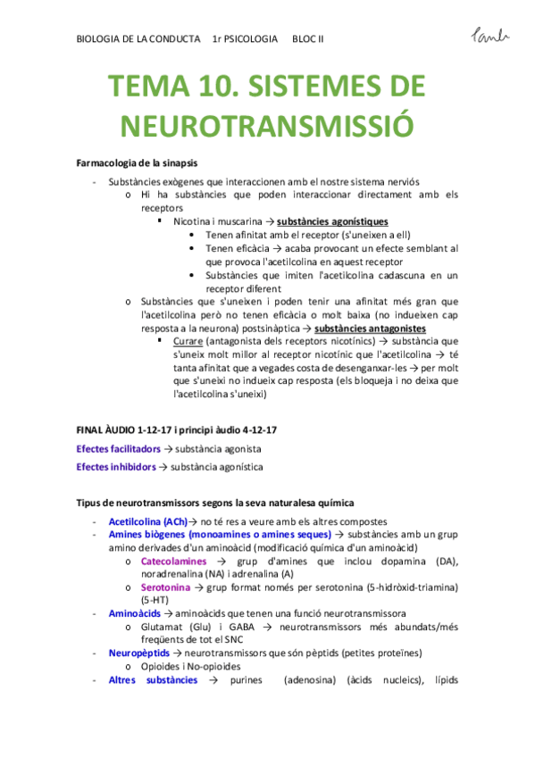 Miniatura del documento BIO - TEMA 10. SISTEMES DE NEUROTRANSMISSIÓ (Psicologia UB 1r).pdf