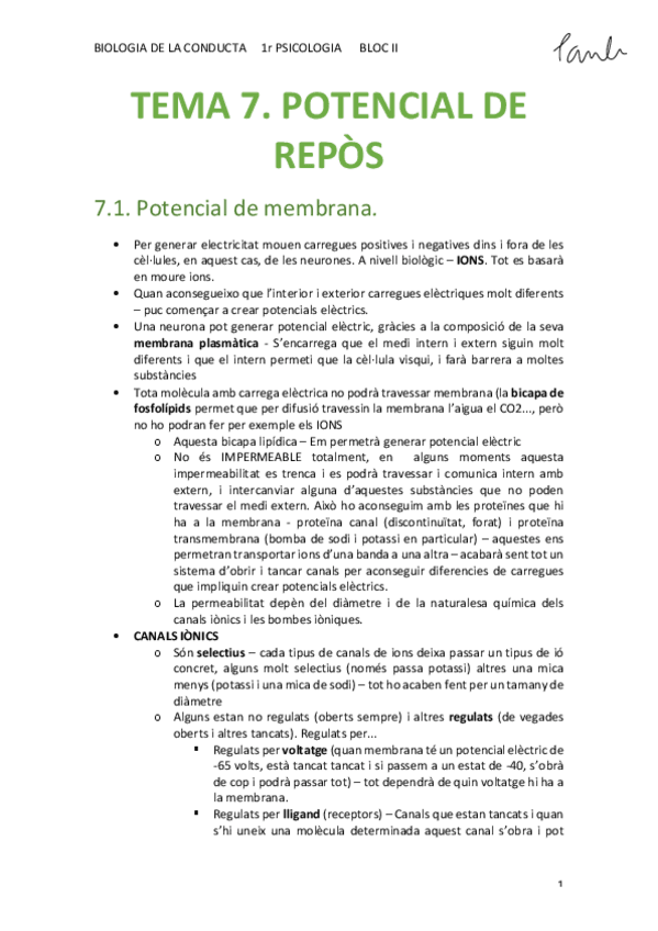 Miniatura del documento BIO - TEMA 7. POTENCIAL DE REPÒS (Psicologia UB 1r).pdf