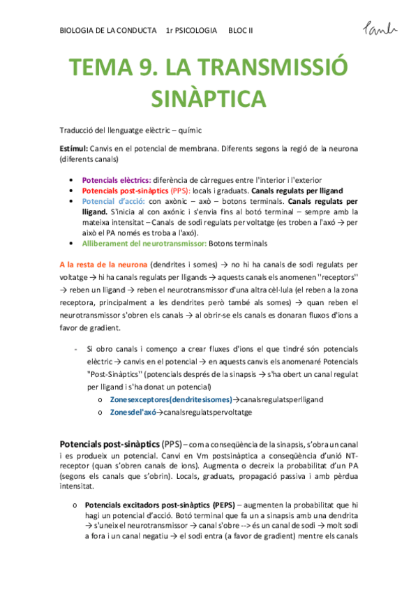 Miniatura del documento BIO - TEMA 9. LA TRANSMISSIÓ SINÀPTICA (Psicologia UB 1r).pdf