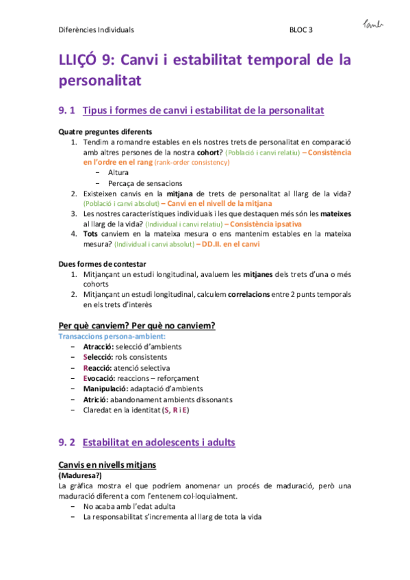 Miniatura del documento DDII - LLIÇÓ 9. Canvi i estabilitat temporal de la personalitat (Psicologia UB 1r).pdf