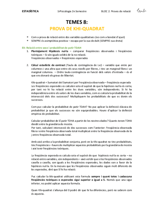Miniatura del documento Estadística - TEMA 8 PROVA DE KHI-QUADRAT (Psicologia UB 1r).pdf