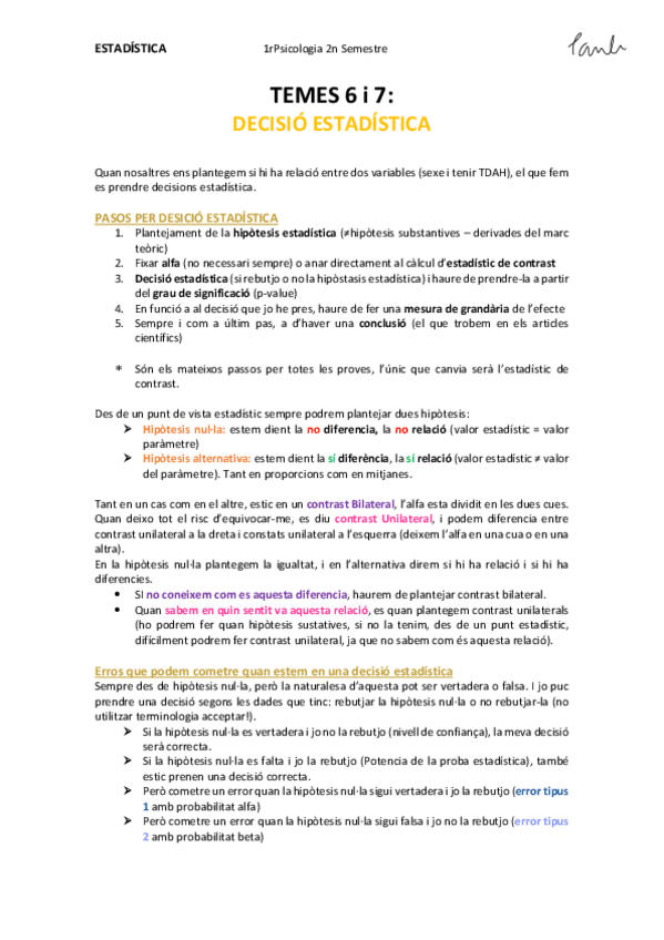 Miniatura del documento Estadística - TEMES 6 i 7 DECISIÓ ESTADÍSTICA (Psicologia UB 1r).pdf