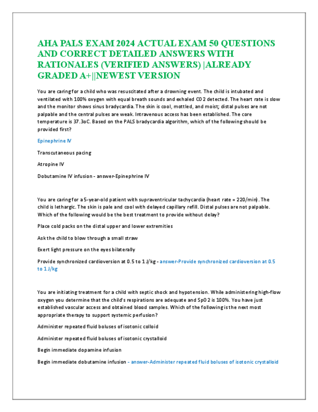 Miniatura del documento AHA-PALS-EXAM-2024-ACTUAL-EXAM-50-QUESTIONS-AND-CORRECT-DETAILED-ANSWERS-WITH-RATIONALES.pdf