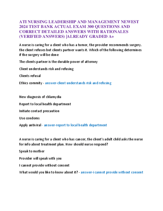 Miniatura del documento ATI-NURSING-LEADERSHIP-AND-MANAGEMENT-NEWEST-2024-TEST-BANK-ACTUAL-EXAM-300-QUESTIONS-AND-CORRECT-DETAILED-ANSWERS-WITH-RATIONALES.pdf