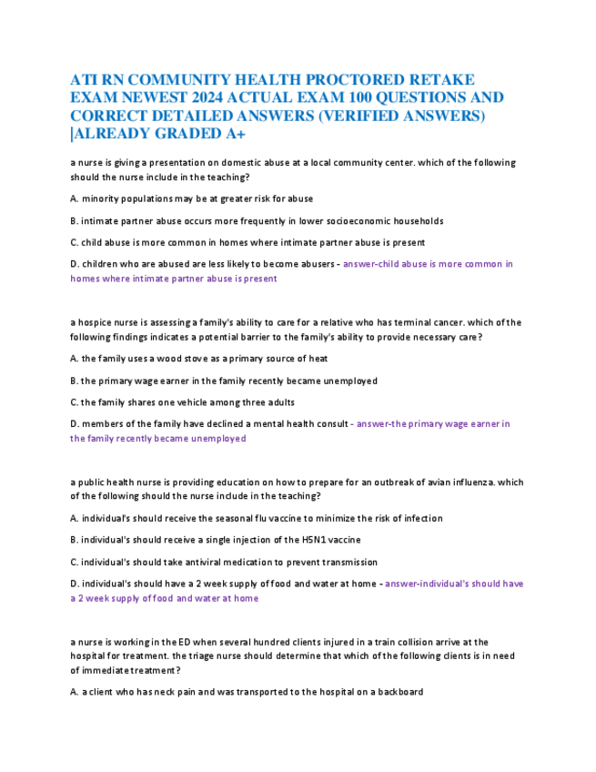 Miniatura del documento ATI-RN-COMMUNITY-HEALTH-PROCTORED-RETAKE-EXAM-NEWEST-2024-ACTUAL-EXAM-100-QUESTIONS-AND-CORRECT-DETAILED-ANSWERS.pdf