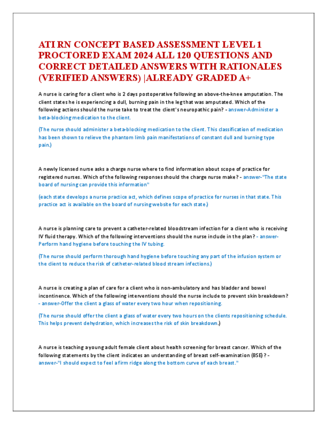 Miniatura del documento ATI-RN-CONCEPT-BASED-ASSESSMENT-LEVEL-1-PROCTORED-EXAM-2024-ALL-120-QUESTIONS-AND-CORRECT-DETAILED-ANSWERS-WITH-RATIONALES.pdf