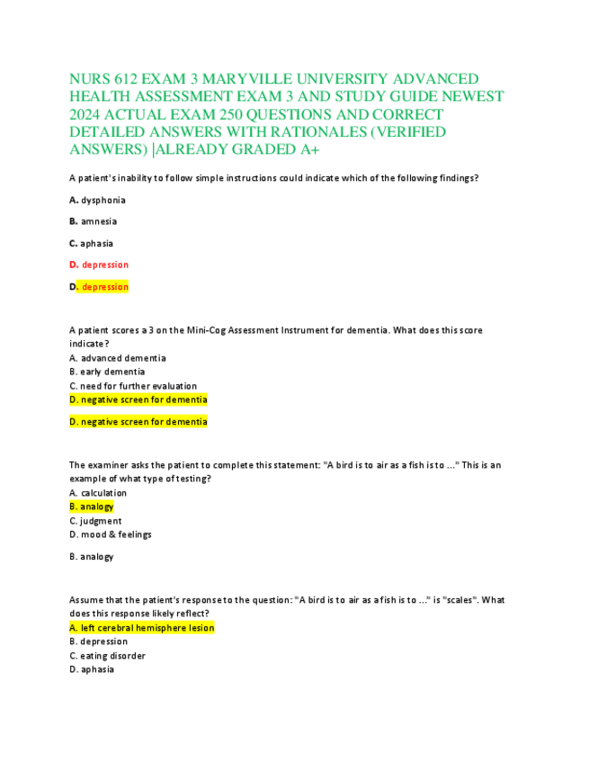 Miniatura del documento NURS-612-EXAM-3-MARYVILLE-UNIVERSITY-ADVANCED-HEALTH-ASSESSMENT-EXAM-3-AND-STUDY-GUIDE-NEWEST-2024-ACTUAL-EXAM-250-QUESTIONS-AND-CORRECT-DETAILED-ANSWERS-WITH-RATIONALES.pdf