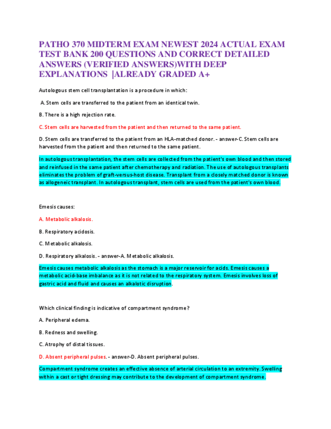 Miniatura del documento PATHO-370-MIDTERM-EXAM-NEWEST-2024-ACTUAL-EXAM-TEST-BANK-200-QUESTIONS-AND-CORRECT-DETAILED-ANSWERS.pdf