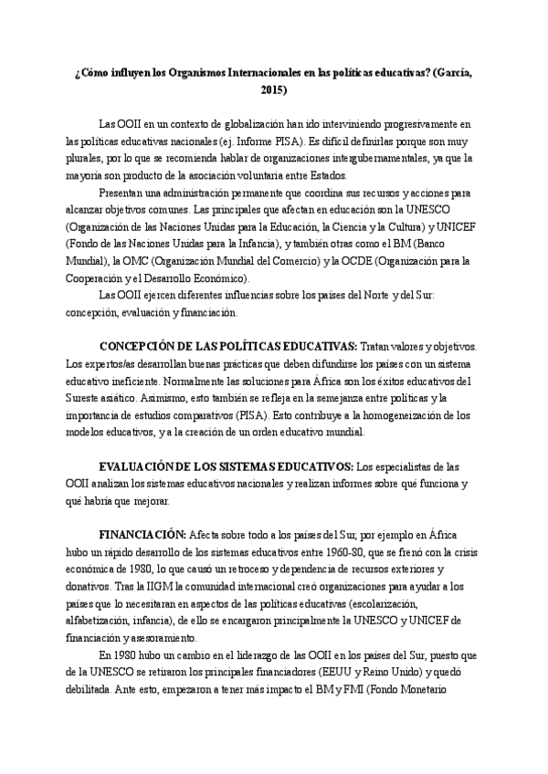 Miniatura del documento Resumen del texto: "Cómo influyen los Organismos Internacionales en las políticas educativas (García, 2015)..pdf