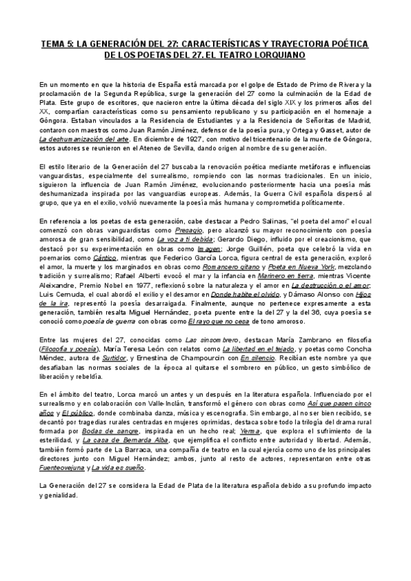 Miniatura del documento TEMA 5: LA GENERACIÓN DEL 27 CARACTERISTICAS Y TRAYECTORIA POETICA DE LOS POETAS DEL 27. EL TEATRO LORQUIANO.pdf