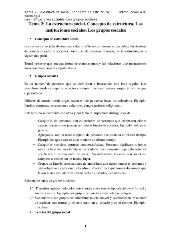 Miniatura del documento Tema 2 - La estructura social. Concepto de estructura. Las instituciones sociales. Los grupos sociales.docx