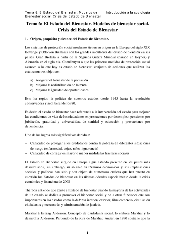 Miniatura del documento Tema 6 - el Estado del Bienestar. Modelos de bienestar social. Crisis del Estado de Bienestar.docx