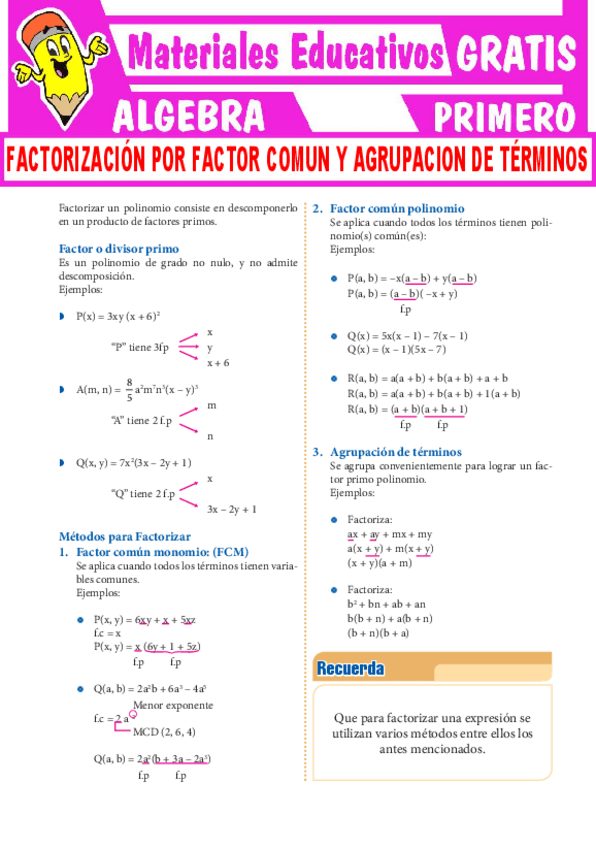 Miniatura del documento Factorizacion-por-Factor-Comun-y-Agrupacion-de-Terminos-Para-Primer-Grado-de-Secundaria.pdf