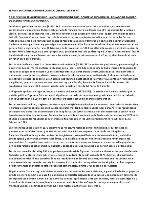 Miniatura del documento 5.3 El Sexenio Revolucionario: la Constitución de 1869. Gobierno provisional, reinado de Amadeo de Saboya y Primera República..pdf