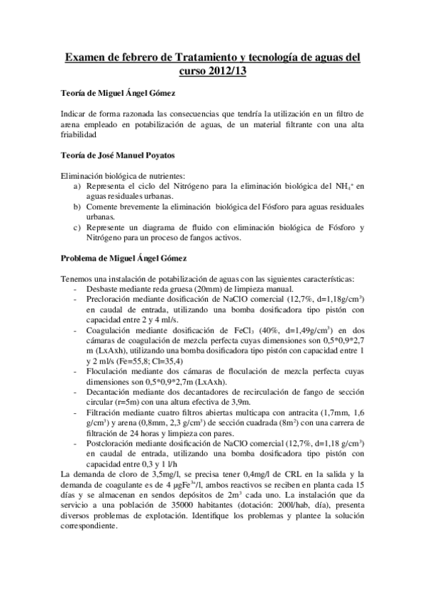 Miniatura del documento Examen de febrero de Tratamiento y tecnología de aguas del curso 2012.doc