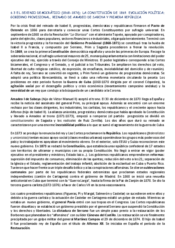 Miniatura del documento 6.3 EL SEXENIO DEMOCRÁTICO (1868-1874) LA CONSTITUCIÓN DE 1869. EVOLUCIÓN POLÍTICA GOBIERNO PROVISIONAL- REINADO DE AMADEO DE SABOYA Y PRIMERA REPÚBLICA..pdf