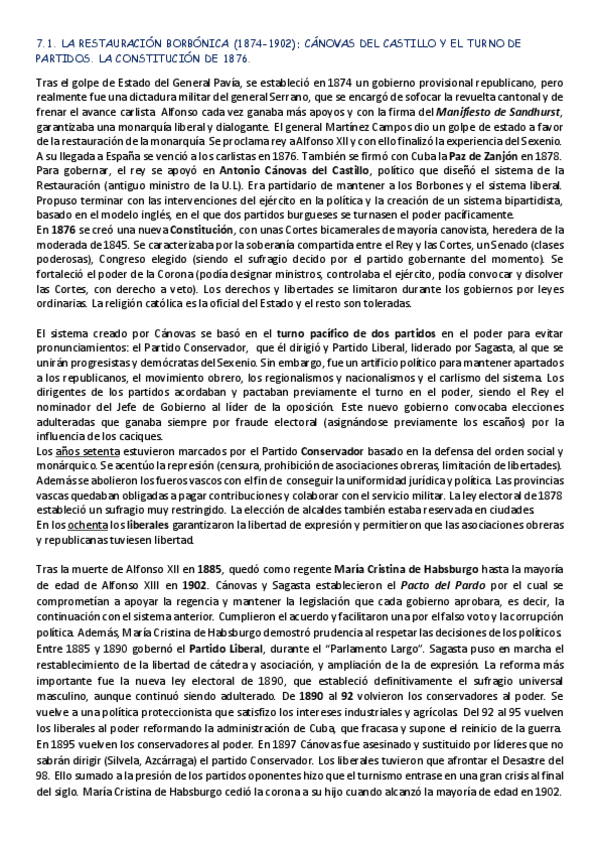 Miniatura del documento 7.1. La Restauración Borbónica (1874-1902) Cánovas del Castillo y el turno de partidos. La Constitución de 1876..pdf
