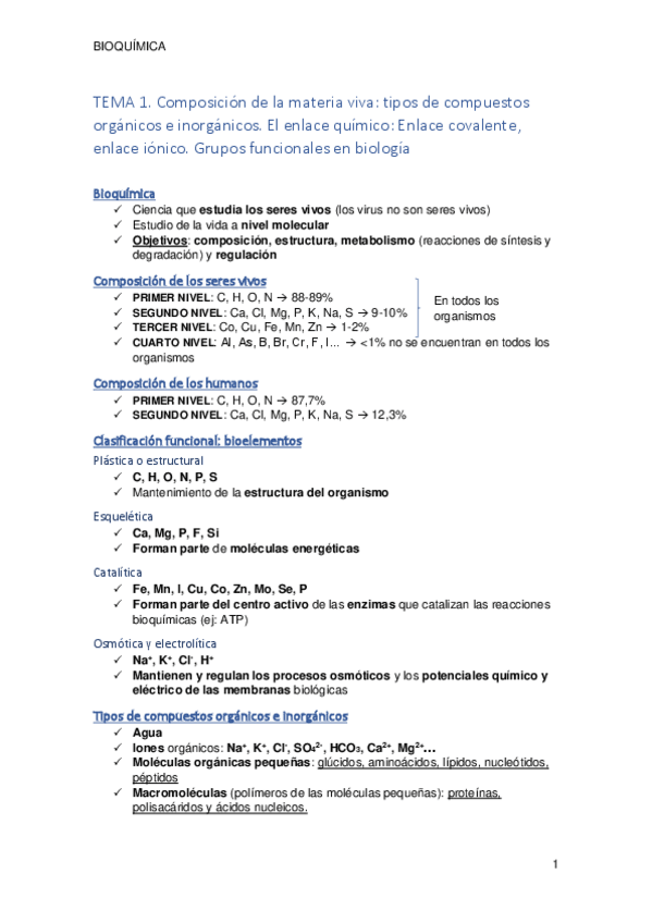 Miniatura del documento TEMA 1. Composicion de la materia viva. Tipos de compuestos organicos e inorganicos. El enlace químico. Enlace covalente- enlace iónico. Grupos funcionales en biología.pdf