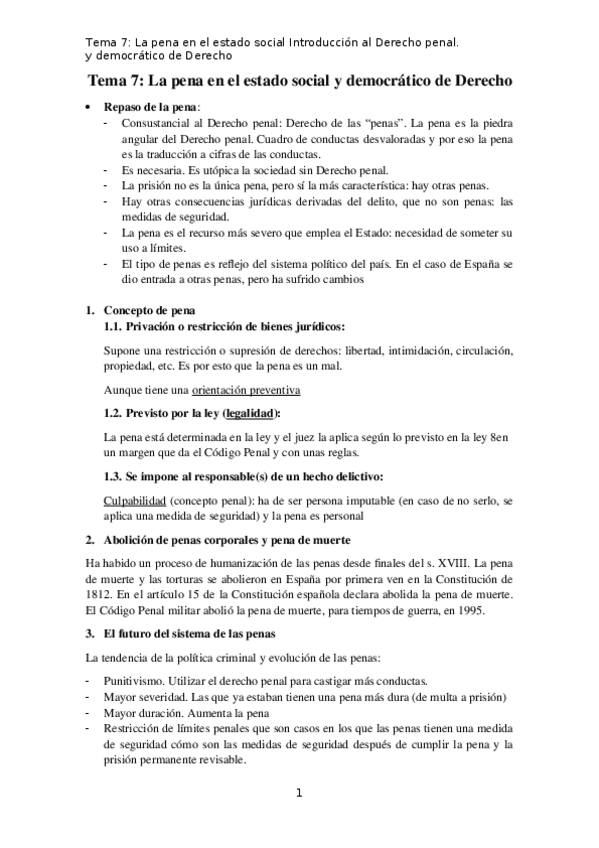 Miniatura del documento Tema 7 - La pena en el estado social y democrático de Derecho.docx