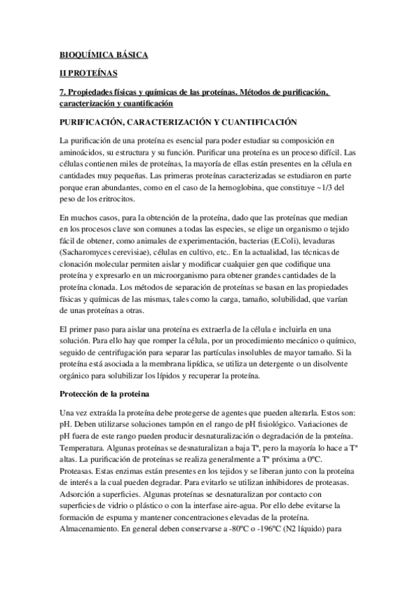 Miniatura del documento BIOQUÍMICA BÁSICA7. Propiedades físicas y químicas de las proteínas. Métodos de purificación- caracterización y cuantificación.docx