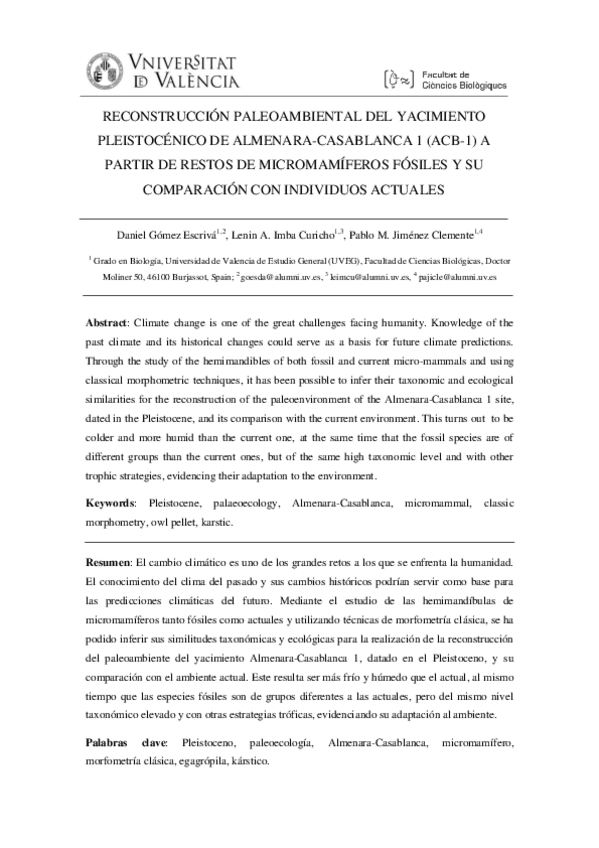 Miniatura del documento Daniel Gómez- Lenin Imba y Pablo Jiménez. Reconstrucción paleoambiental del yacimiento pleistocénico de Almenara-Casablanca 1 a partir de restos de micromamíferos fósiles y su comparación con individuos actuales..pdf
