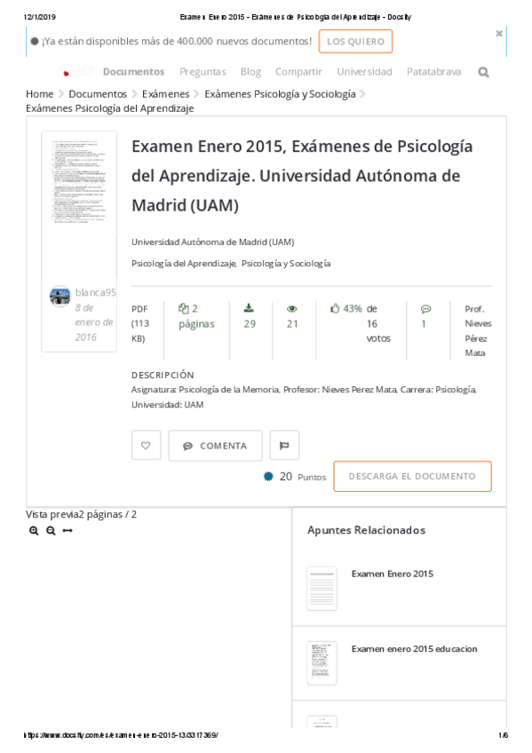 Miniatura del documento Examen Enero 2015 - Exámenes de Psicología del Aprendizaje - Docsity.pdf