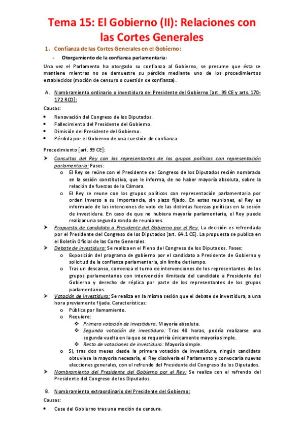 Miniatura del documento Tema 15 - El Gobierno (II). Relaciones con las Cortes Generales.pdf