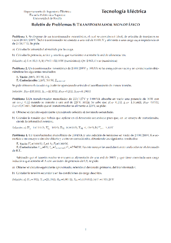 Miniatura del documento SOLUCIONES. Ejercicios Tema 8. Transformador monofásico.pdf