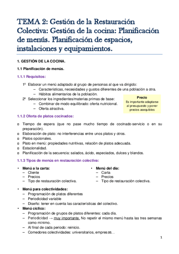 Miniatura del documento TEMA 2. Gestión de la Restauración Colectiva-Gestión de la cocina. Planificación de menús. Planificación de espacios instalaciones y equipamiento..pdf