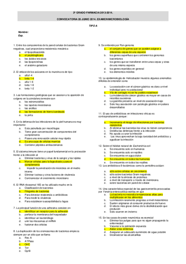 Miniatura del documento 153780_Examen  MICROBIOLOGÍA - 2 FARMACIA - TEST 2014 - RESPUESTAS.pdf