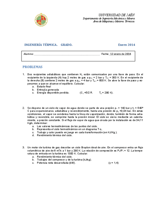 Miniatura del documento Ingeniería Térmica - Examen Problemas GRADO enero 2014.pdf