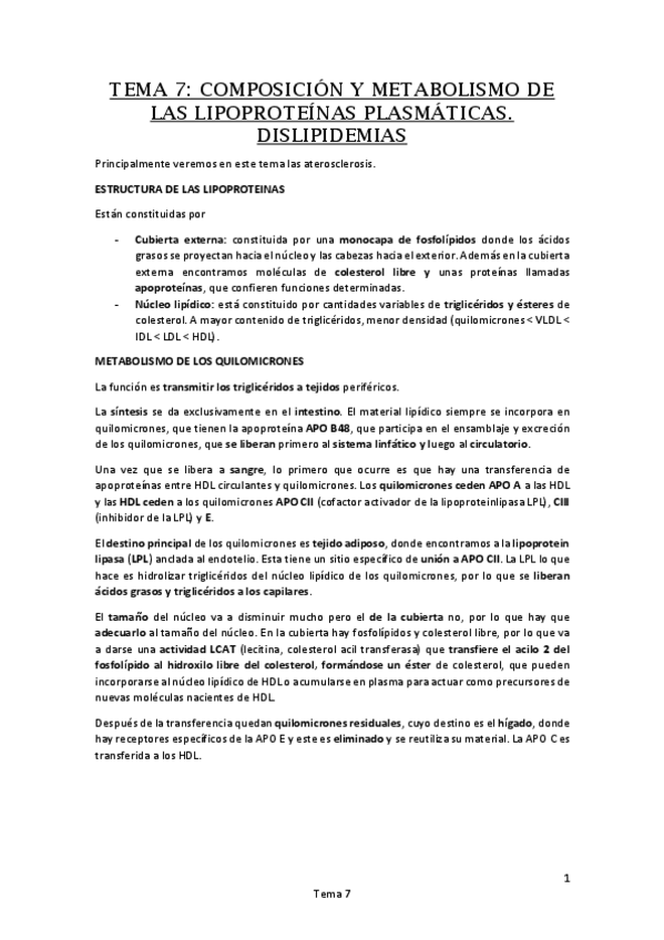 Miniatura del documento Tema 7. COMPOSICIÓN Y METABOLISMO DE LAS LIPOPROTEÍNAS PLASMÁTICAS. DISLIPIDEMIAS.pdf