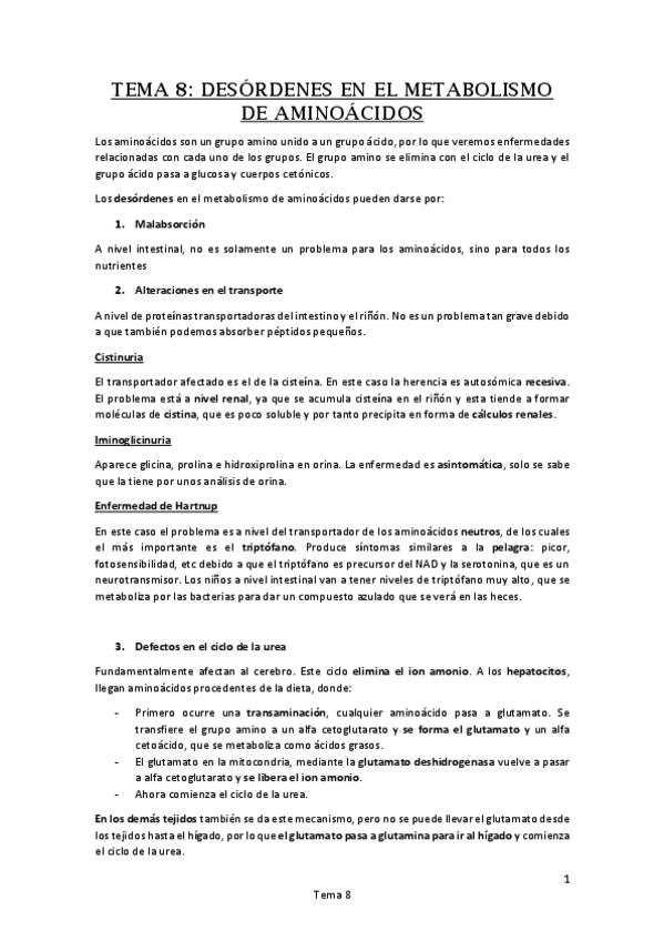 Miniatura del documento Tema 8. DESÓRDENES EN EL METABOLISMO DE AMINOÁCIDOS.pdf