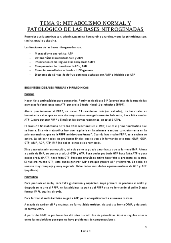 Miniatura del documento Tema 9. METABOLISMO NORMAL Y PATOLÓGICO DE LAS BASES NITROGENADAS.pdf