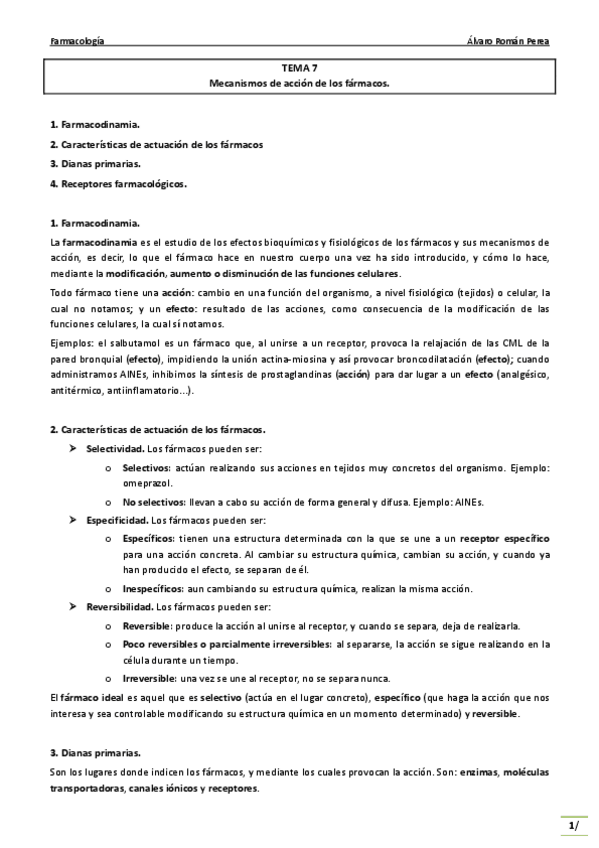 Miniatura del documento Farma. Tema 7. Mecanismos de acción de los fármacos..pdf