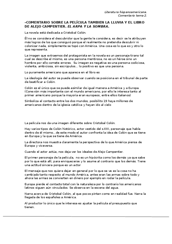 Miniatura del documento Comentario-pelicula-Tambien-la-lluvia-y-del-libro-El-arpa-y-la-sombra.docx