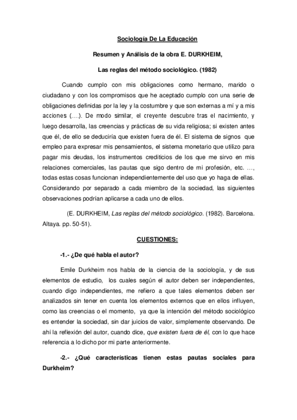 Miniatura del documento Sociología De La Educación (50328) Resumen y Análisis de la obra E. DURKHEIM Las reglas del método sociológico. (1982). 5 páginas.pdf