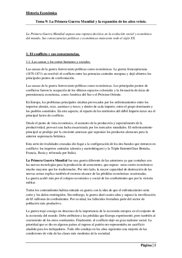 Miniatura del documento Tema 9. La Primera Guerra Mundial y la expansión de los años veinte..pdf